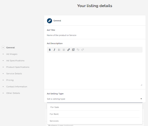 screenshot of "Post Your Ads" page to add listing details.